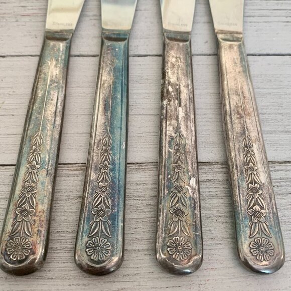 4 Meriden Silverplate Delight Knives Dinner Knife Floral Vintage 50s HTF Set 8.5 - Picture 2 of 10